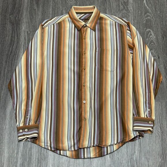 Tommy Bahama Button Up Shirt Mens‎ Large Brown Long Sleeve Pocket Silk Stripes - Picture 1 of 8